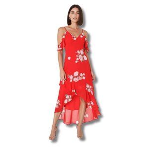 Lulus Love in Bloom Red Floral Print Off-the-Shoulder High-Low Dress M Romantic